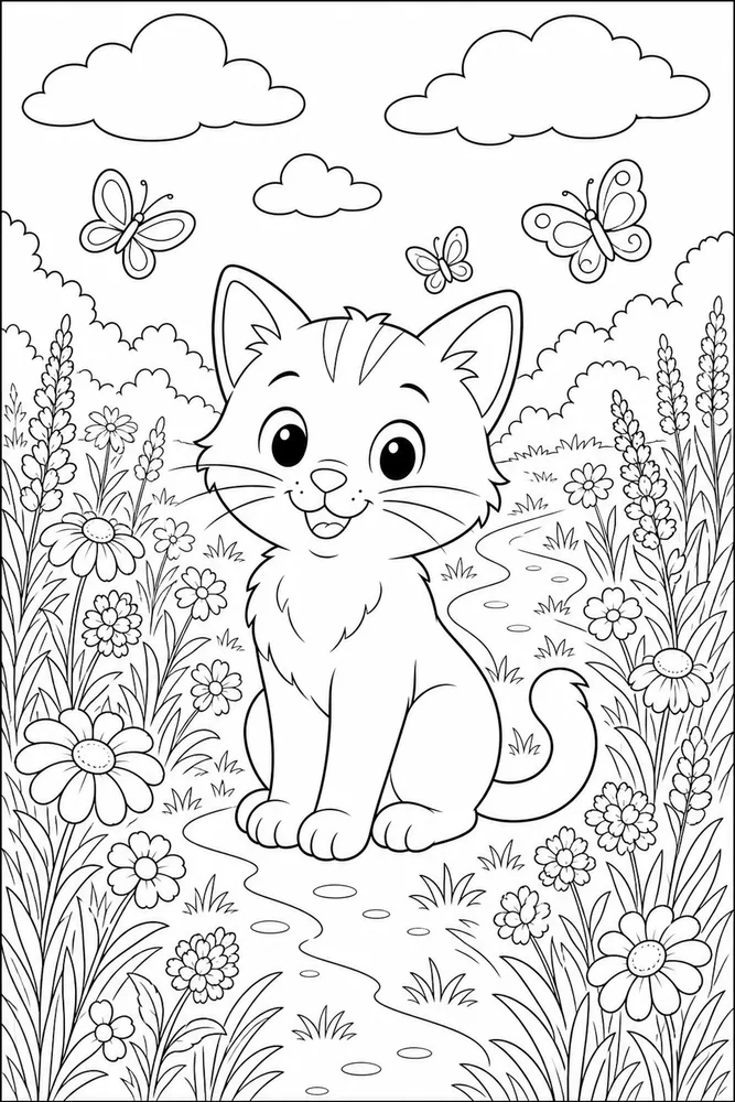 Cat in a wildflower meadow with butterflies coloring page
