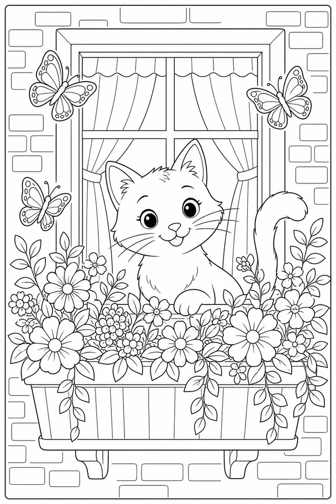 Cat near a window box with butterflies coloring page