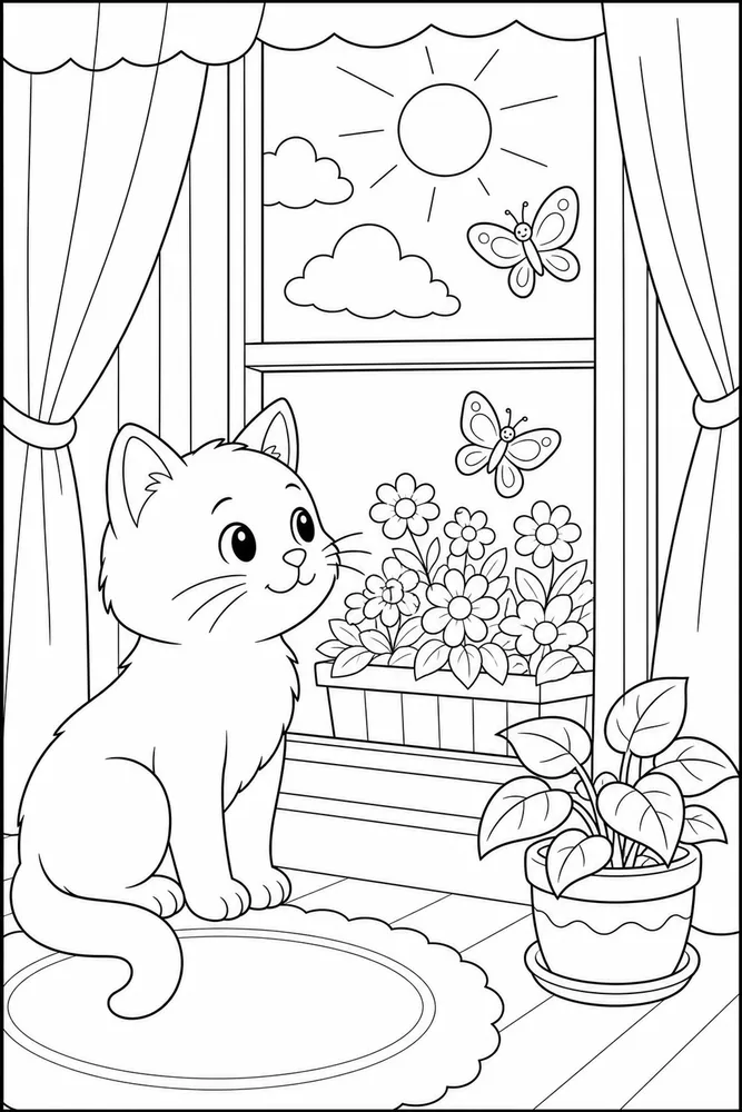 Cat watching butterflies outside a window coloring page