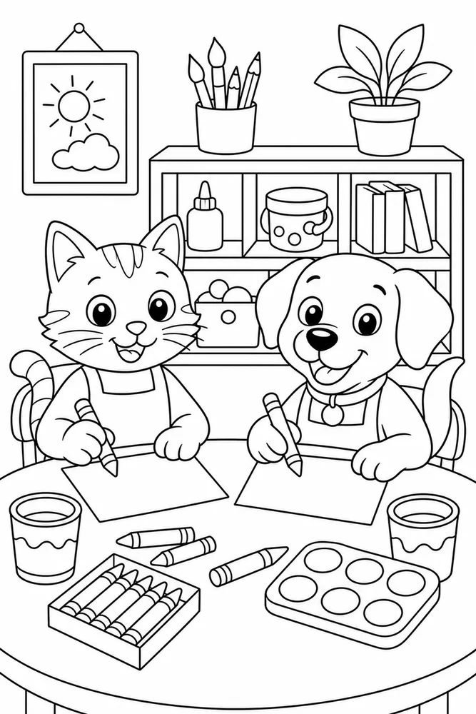 Cat and dog at art table coloring page