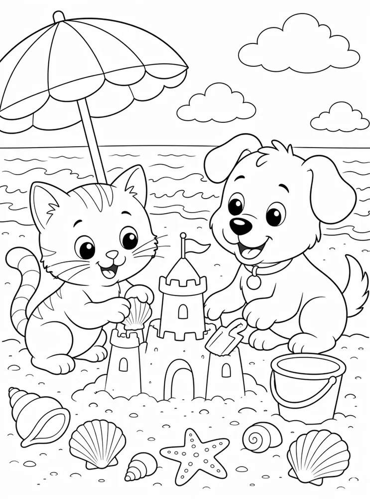 Cute cat and friendly dog building a sandcastle at the beach coloring page