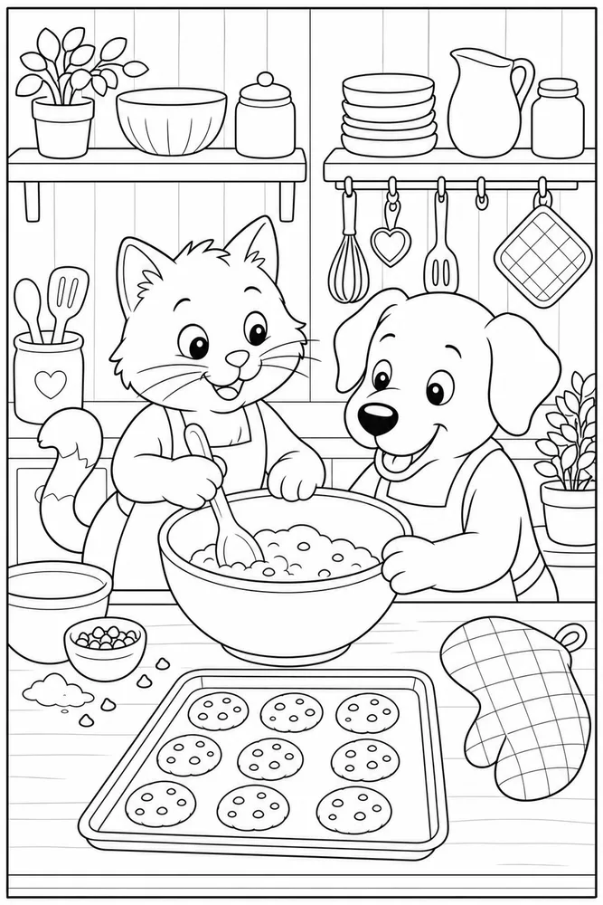 Cat and dog baking cookies coloring page