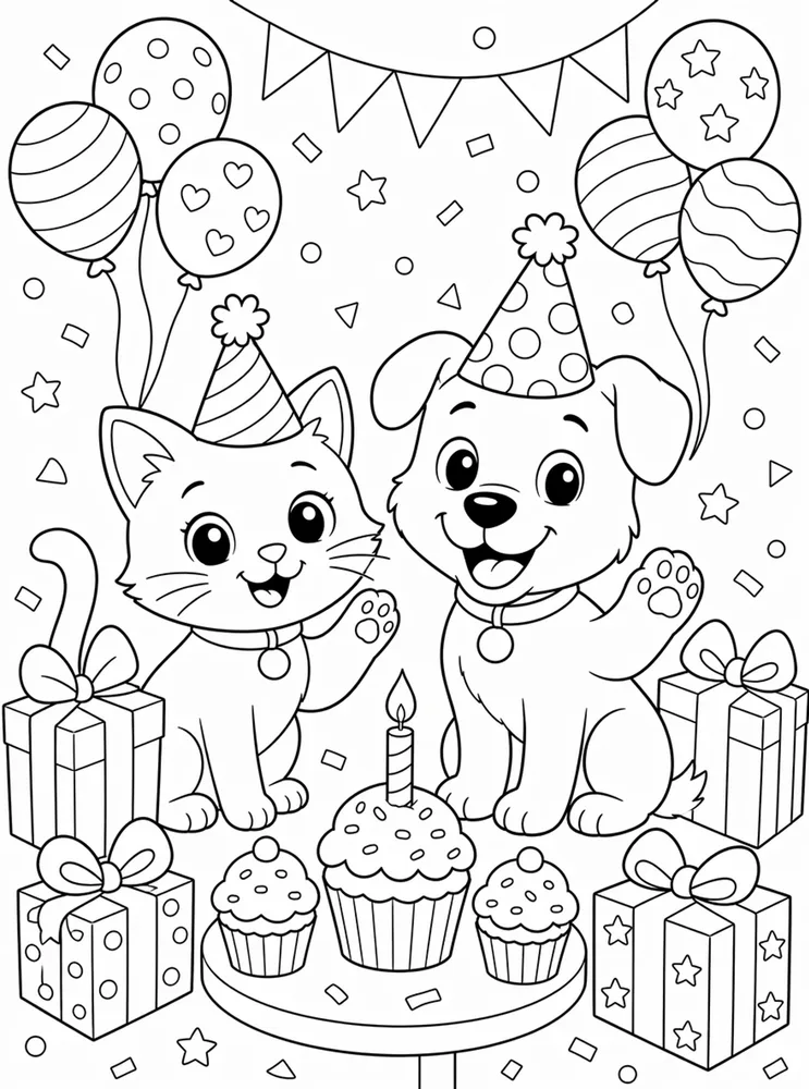 Cat and dog birthday party coloring page