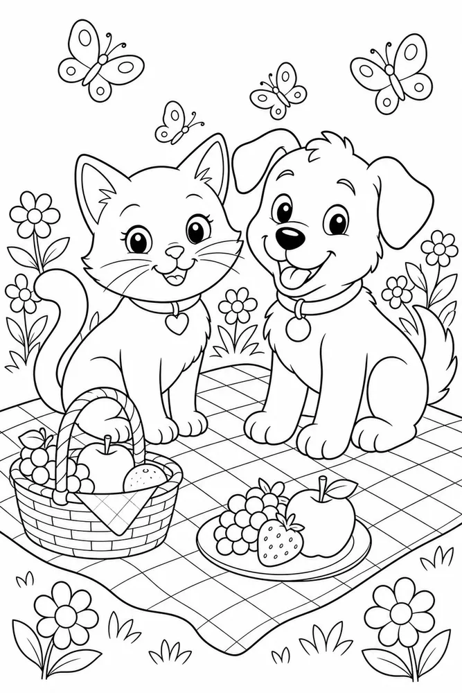 Cat and dog blanket picnic coloring page