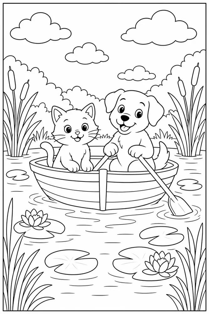 Cat and dog boat ride coloring page