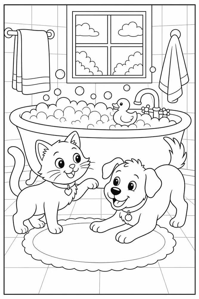 Cat and dog bubble bath coloring page