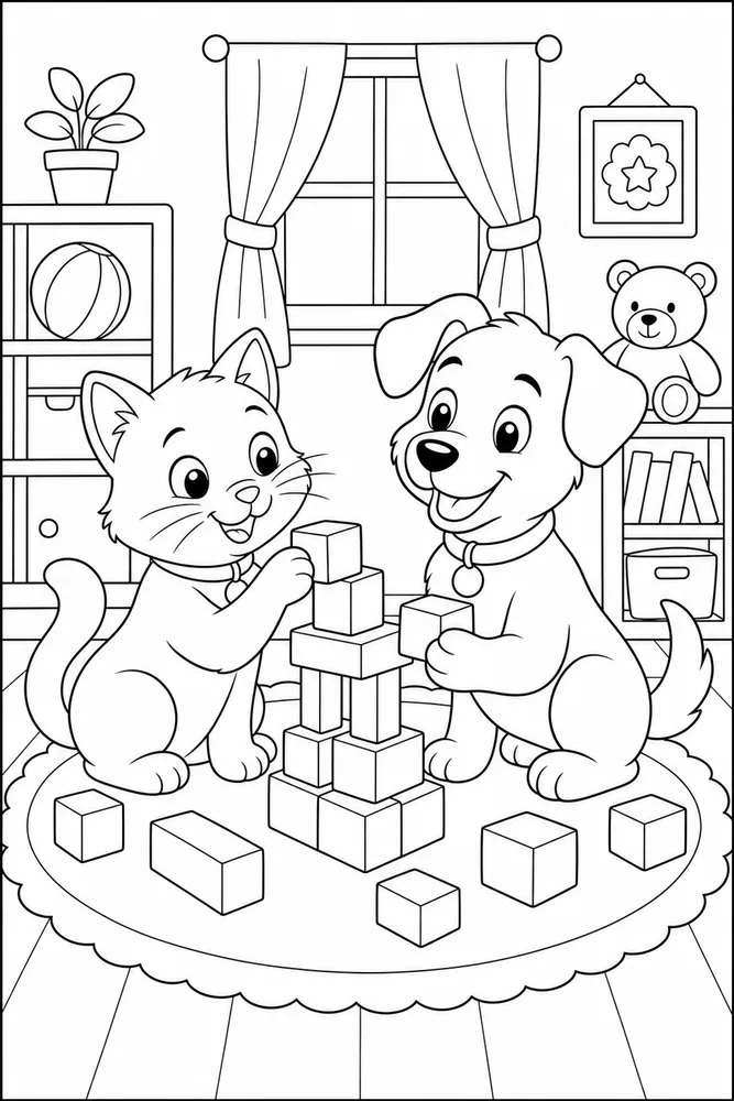 Cat and dog building blocks coloring page