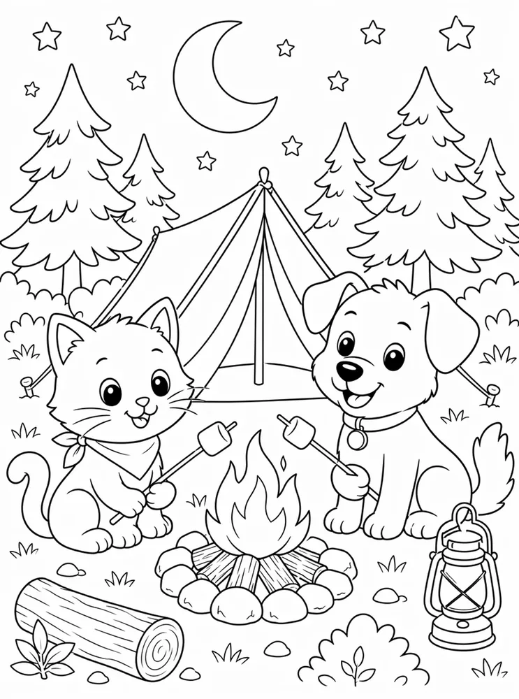 Cat and dog camping tent coloring page