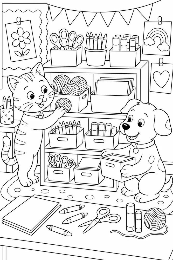 Cat and dog craft shelf coloring page