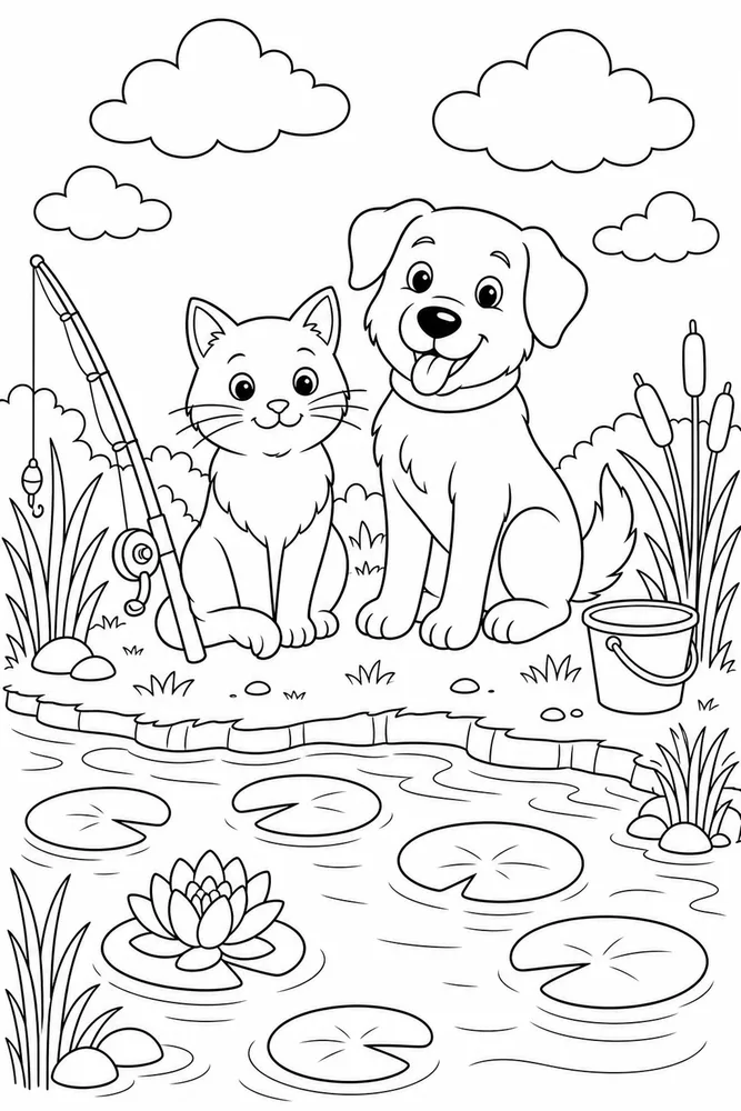 Cat and dog fishing pond coloring page
