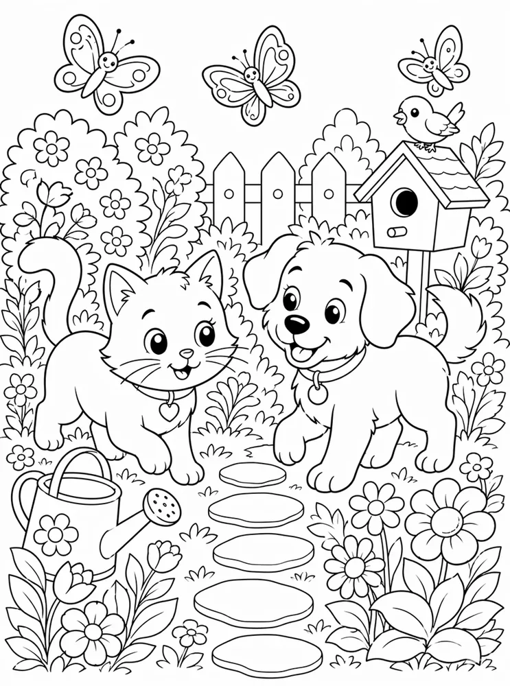 Cat and dog garden butterflies coloring page