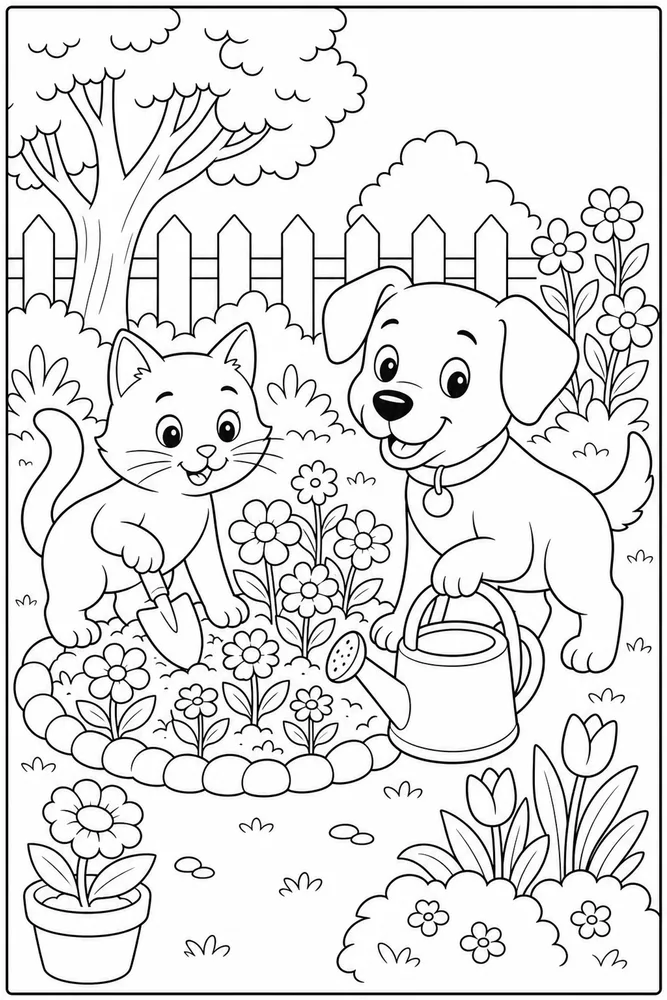 Cat and dog with garden tools coloring page