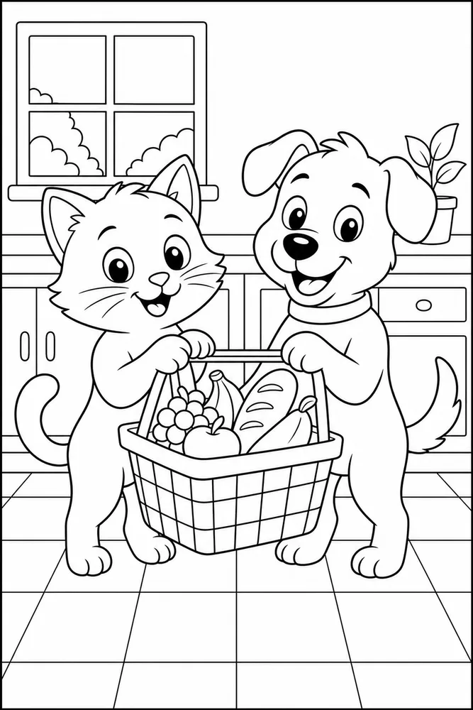 Cat and dog grocery basket coloring page