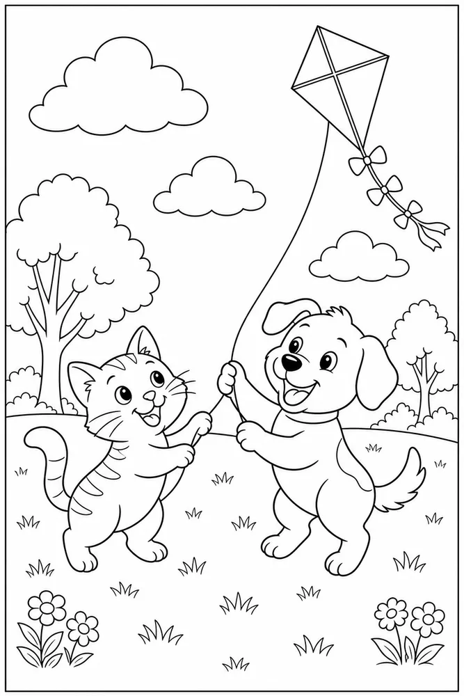Cat and dog flying kite coloring page