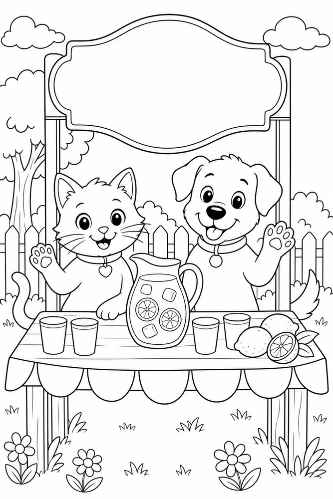 Cat and dog at lemonade stand coloring page