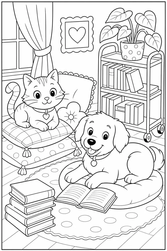 Cat and dog library cart coloring page