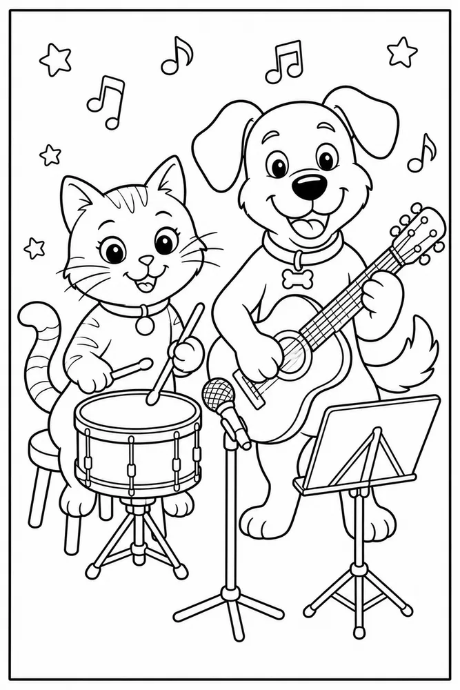 Cat and dog music practice coloring page