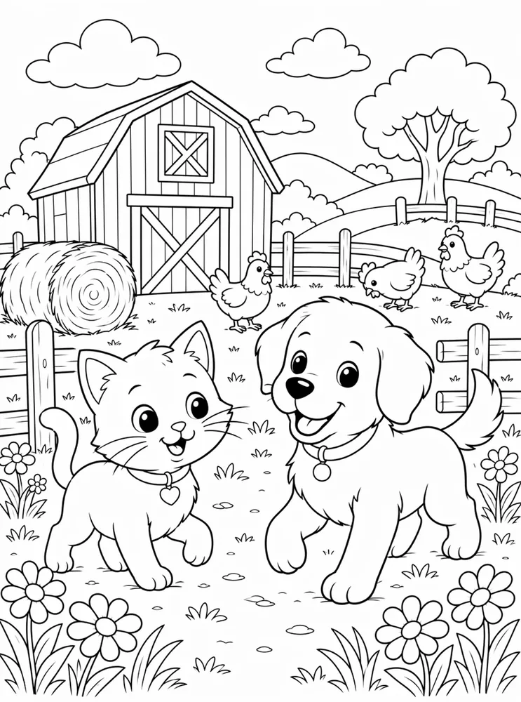 Cute cat and friendly dog visiting a barn on a farm coloring page