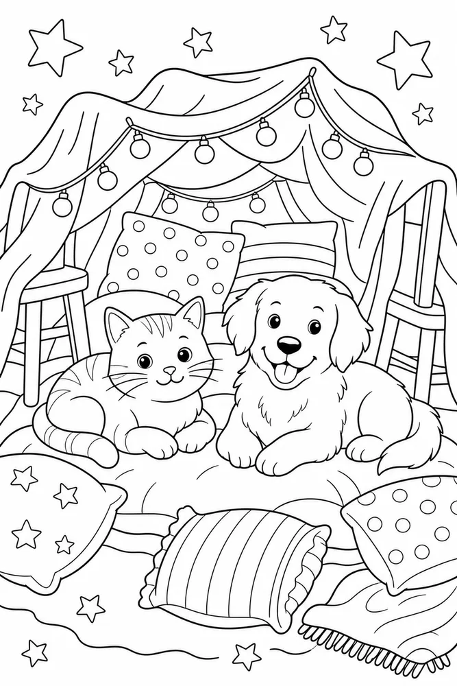 Cat and dog pillow fort coloring page