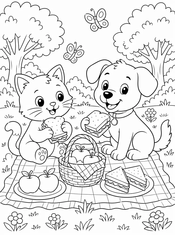 Cat and dog picnic basket coloring page