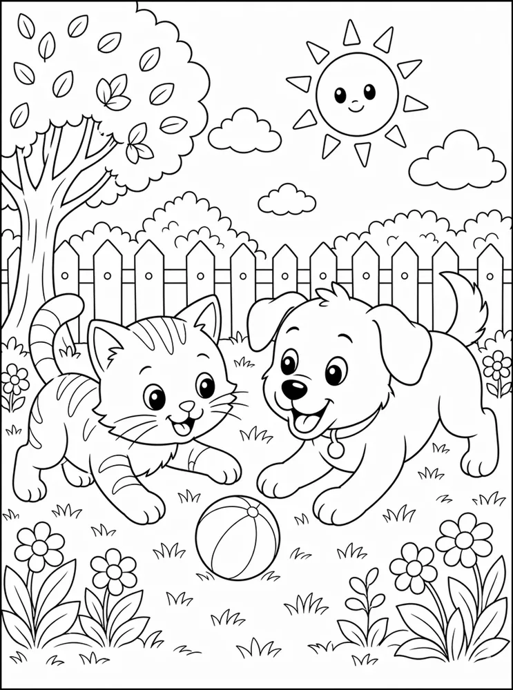 Cats and Dogs Coloring Pages preview: Cat and dog playing ball coloring page