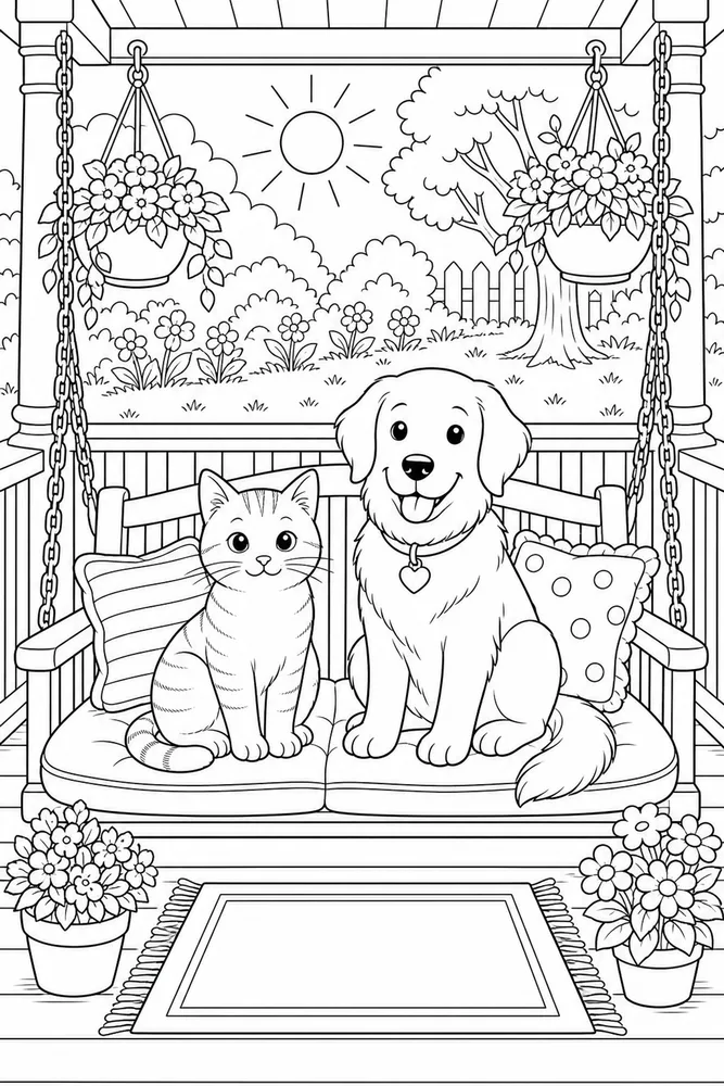 Cat and dog porch swing coloring page