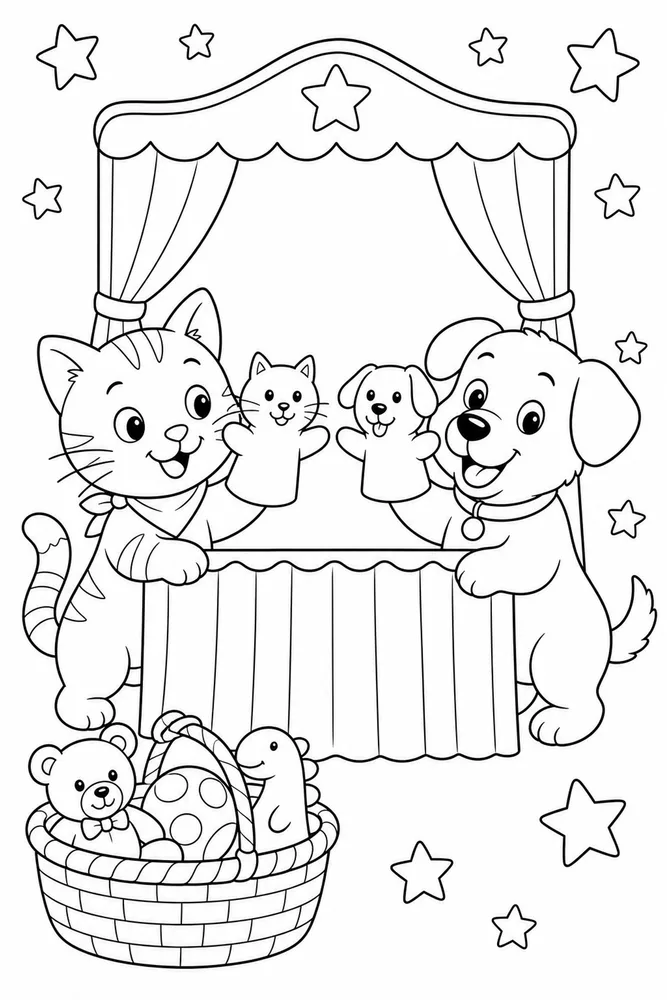 Cat and dog puppet show coloring page