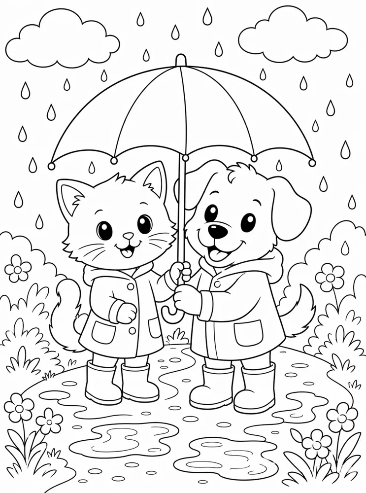 Cat and dog rainy umbrella coloring page