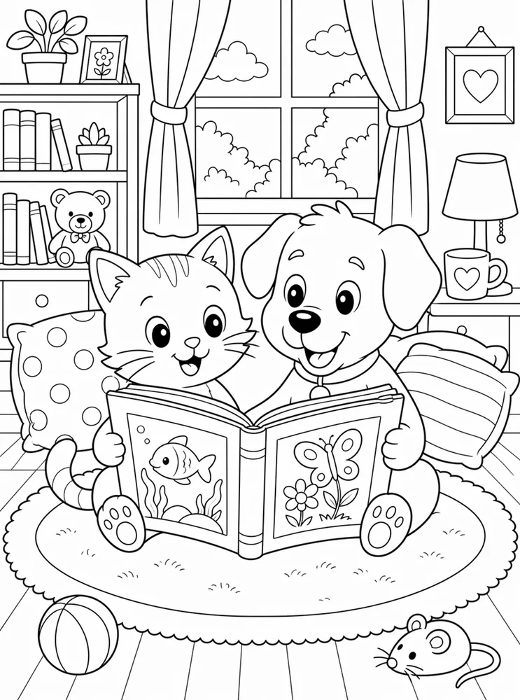 Cat and dog reading book coloring page