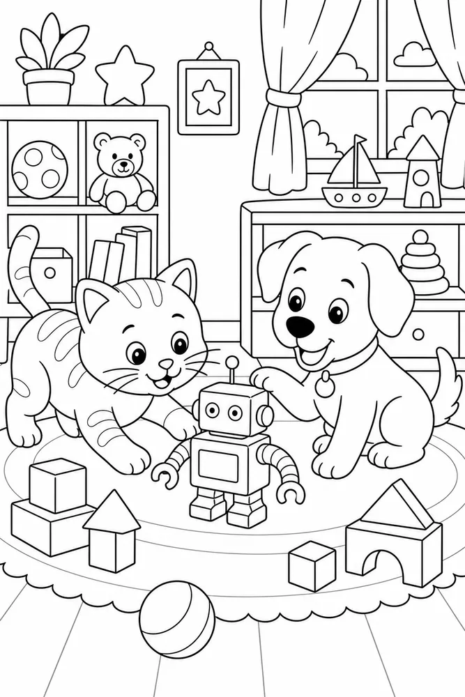 Cat and dog robot toy coloring page