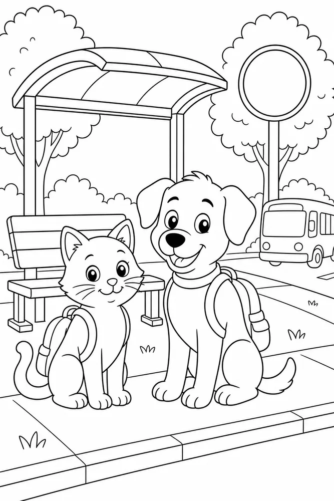 Cat and dog at bus stop coloring page