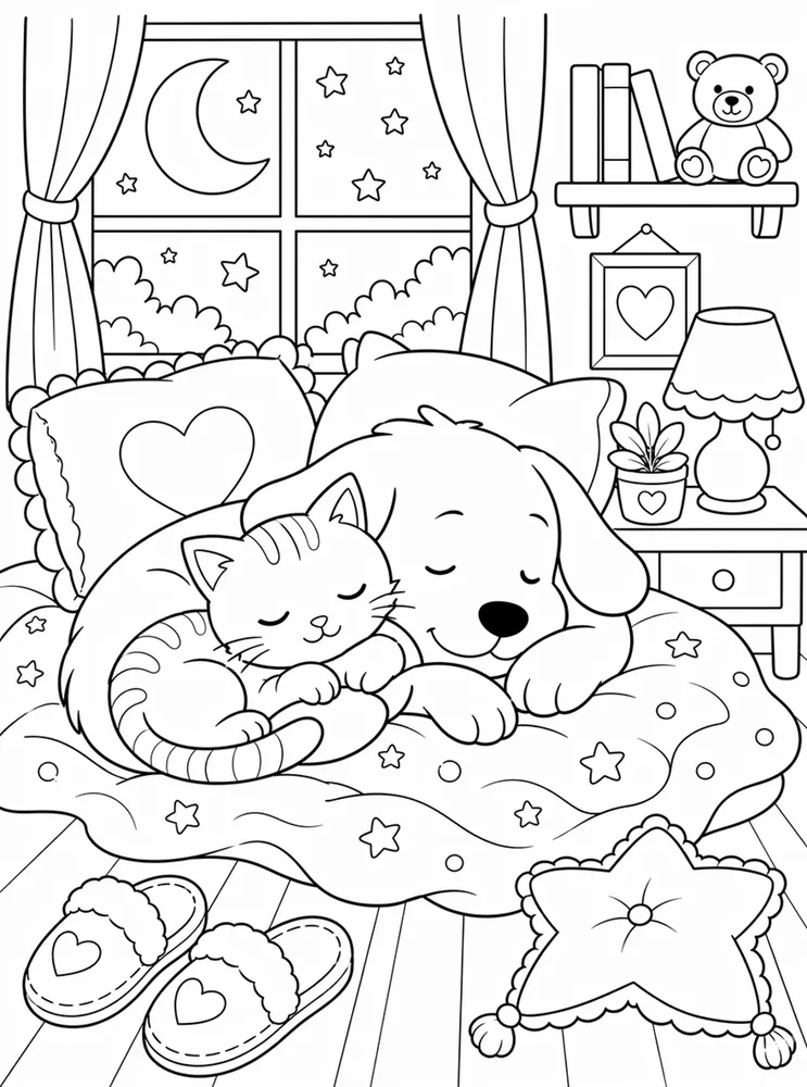 Cat and dog sleeping blanket coloring page