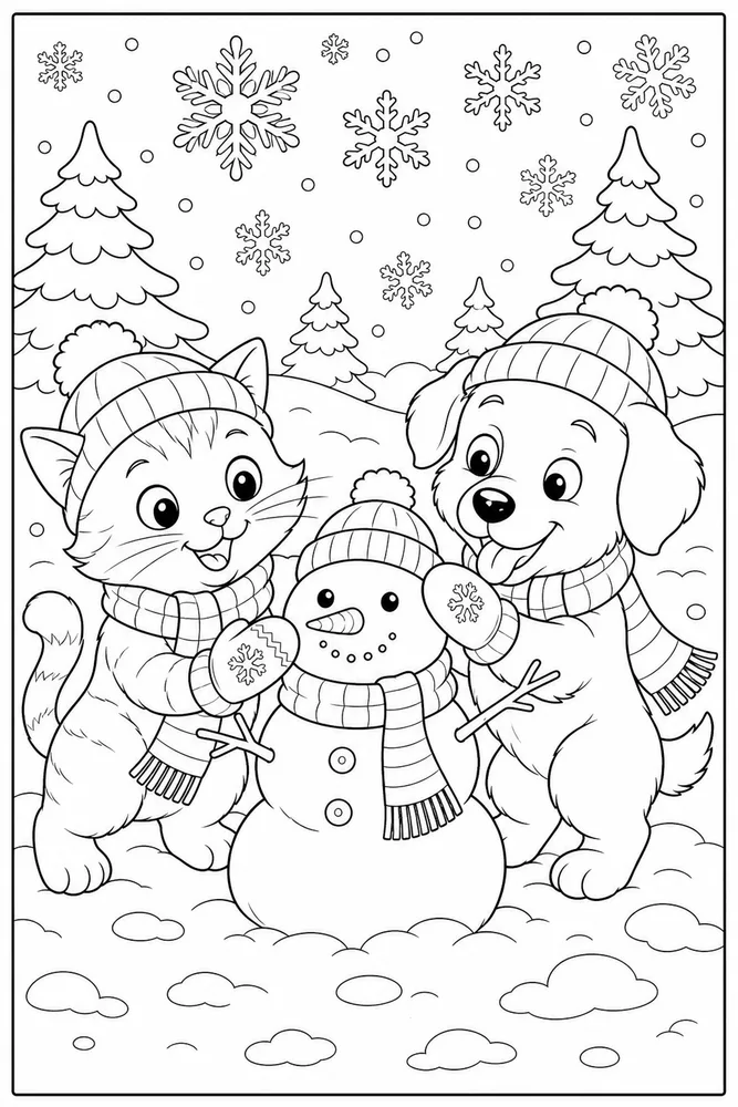 Cat and dog playing together on a snowy winter day coloring page