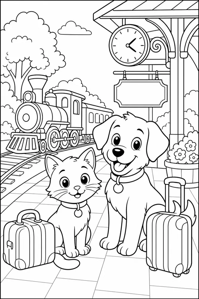 Cat and dog train station coloring page