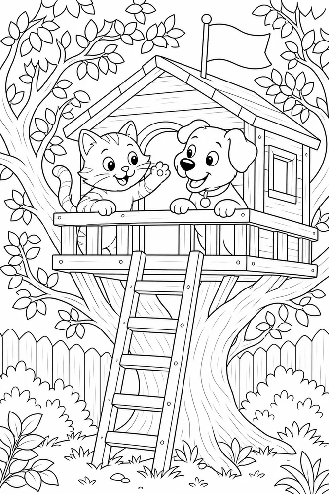 Cat and dog treehouse coloring page