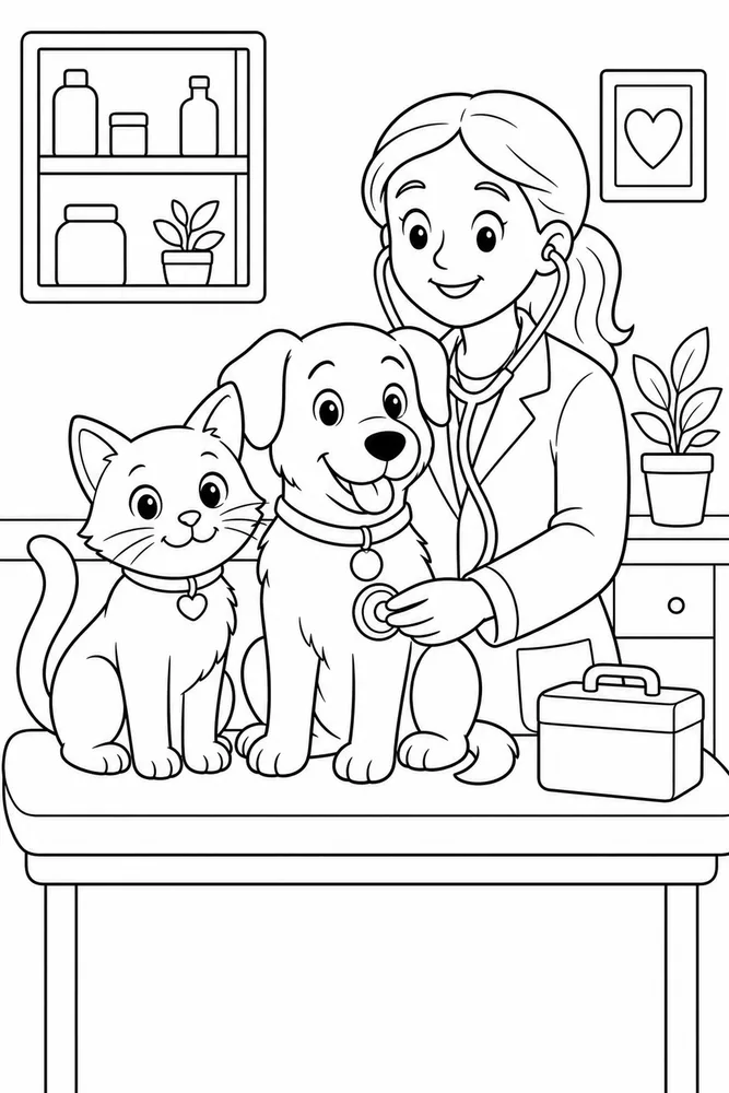 Cat and dog vet checkup coloring page