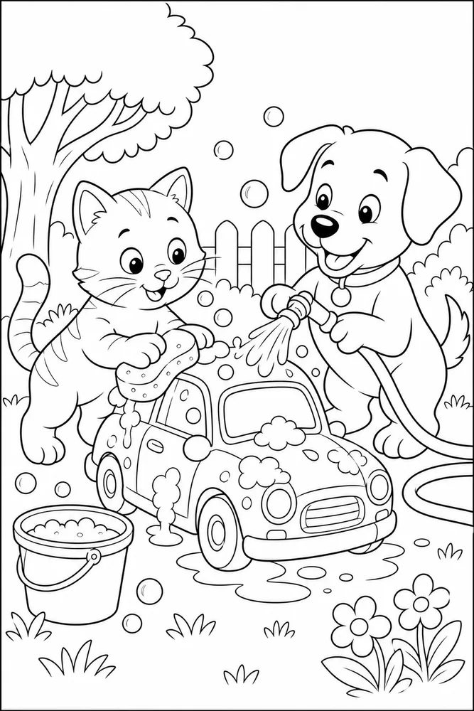 Cat and dog washing a car coloring page
