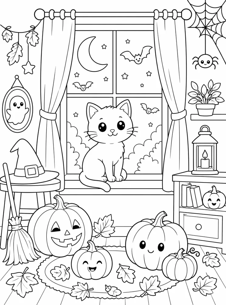 Cat at haunted window Halloween coloring page
