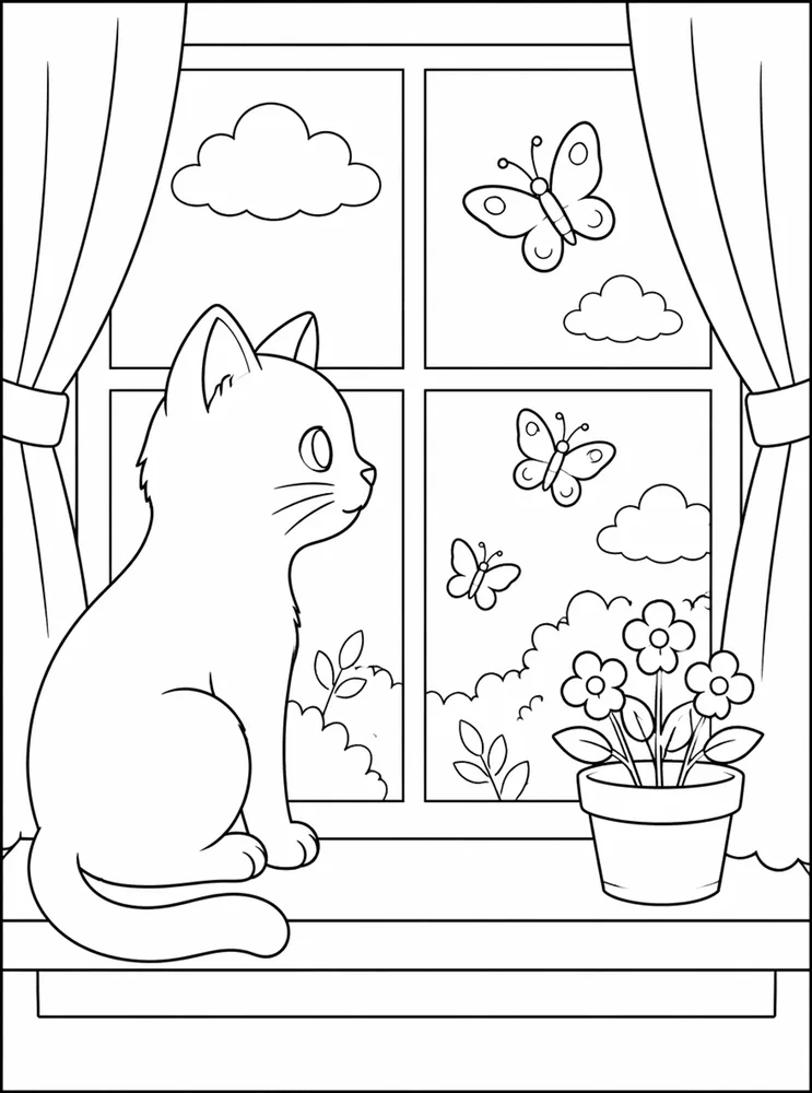 Cat by a window with butterflies coloring page