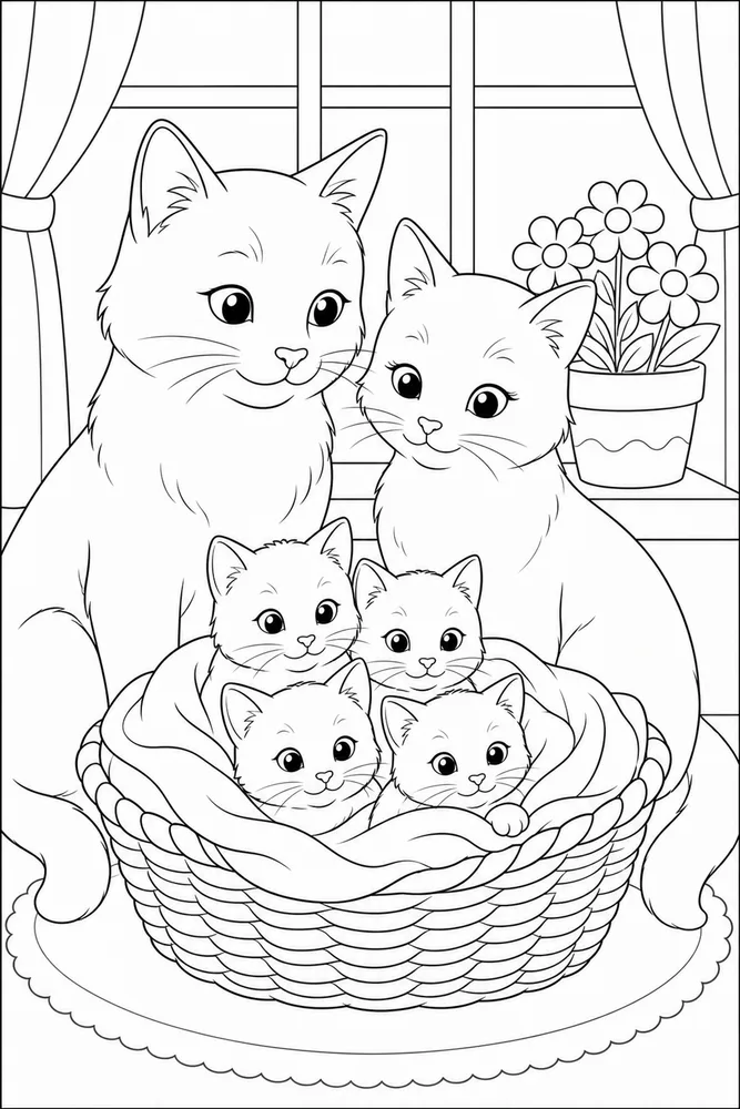 Cat family with baby kittens in a basket coloring page