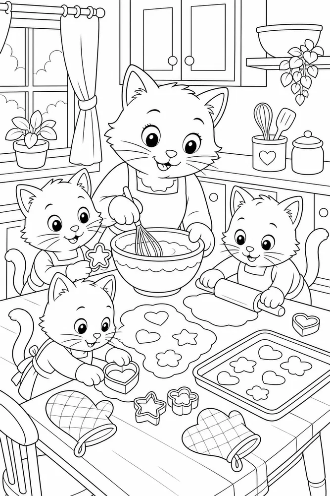 Cat family baking cookies coloring page