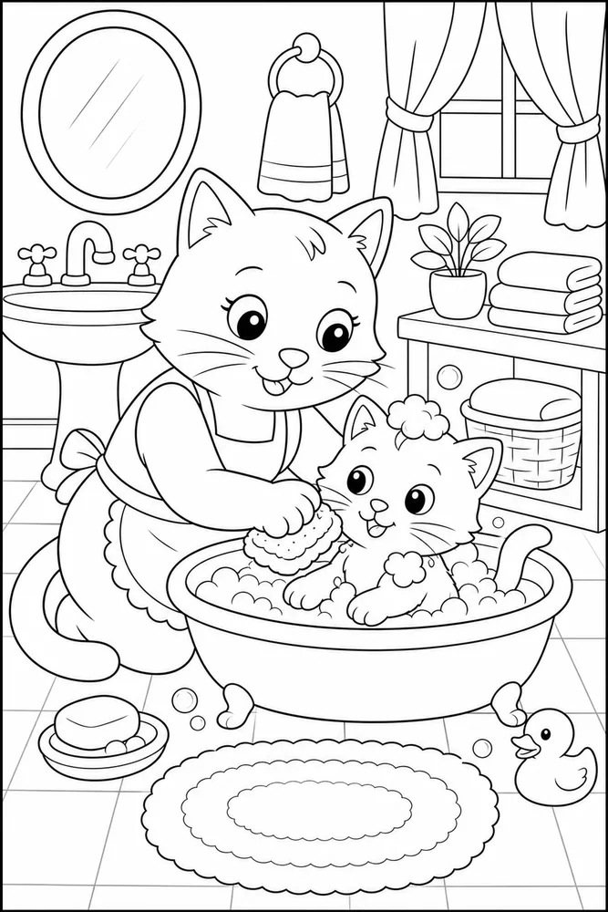 Parent cat helping kitten at bath time coloring page