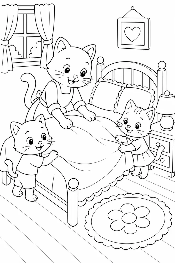 Cat family making a bed together coloring page