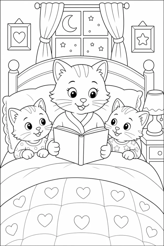 Cat family bedtime story coloring page