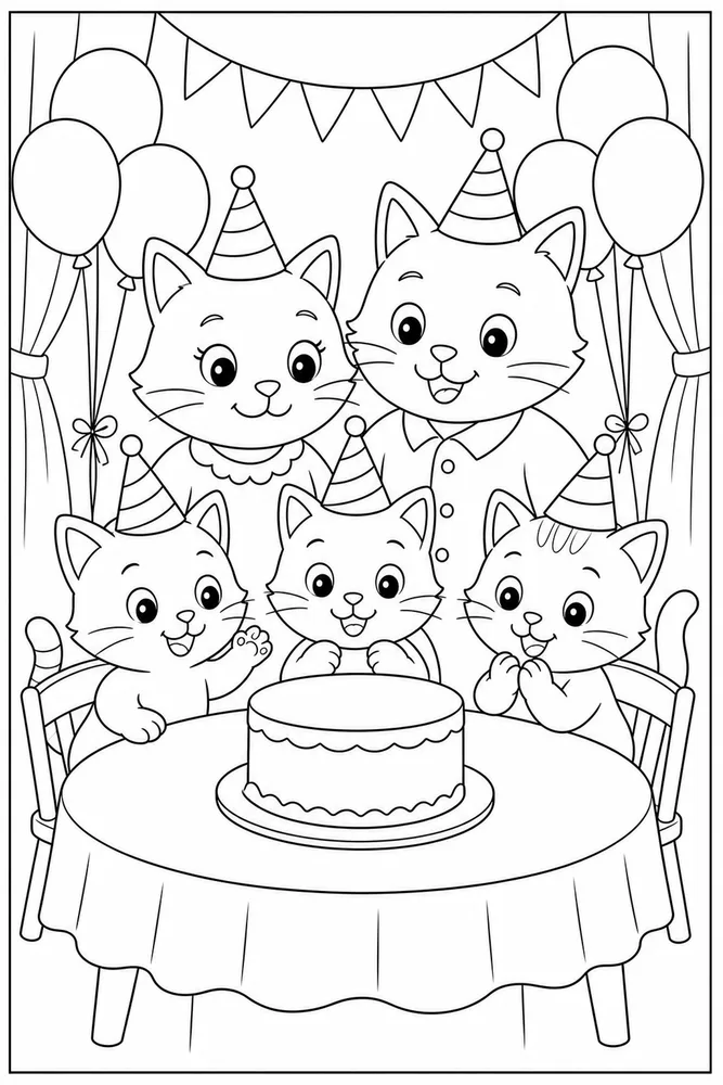 Cat family birthday cake coloring page