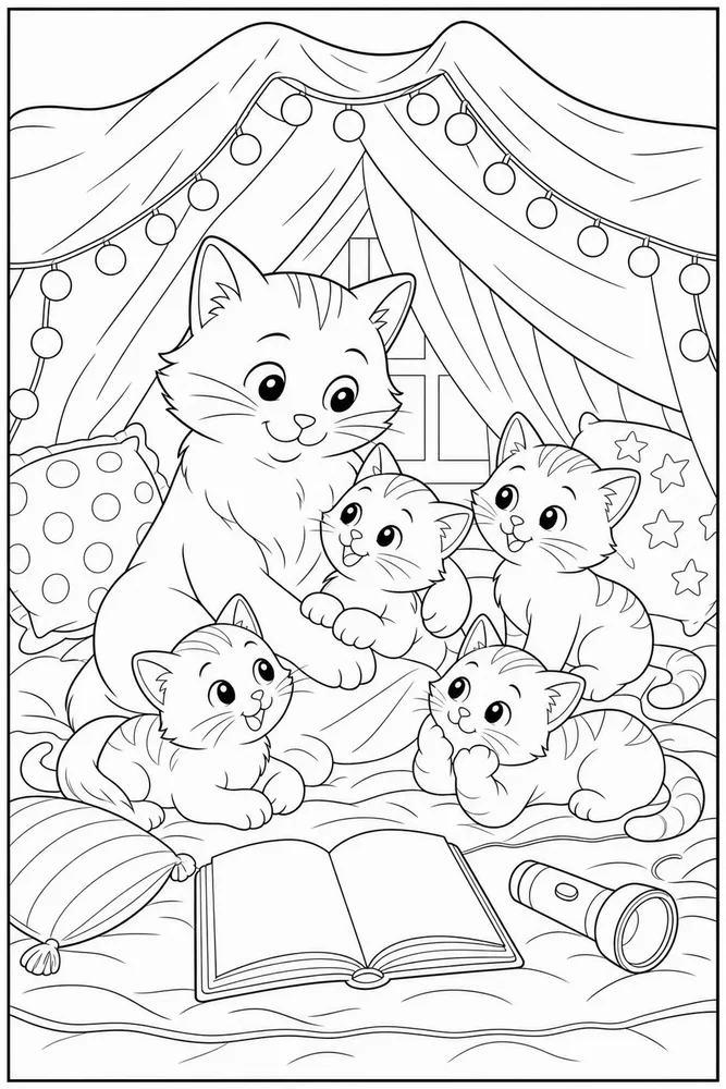 Cat family inside a blanket fort coloring page
