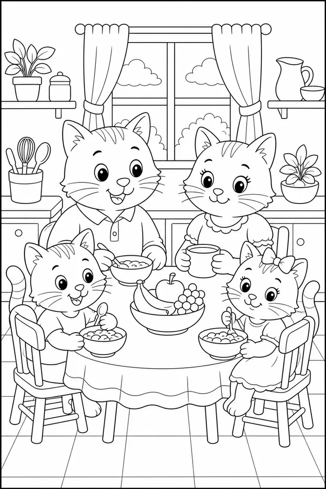 Cat family at a breakfast table coloring page