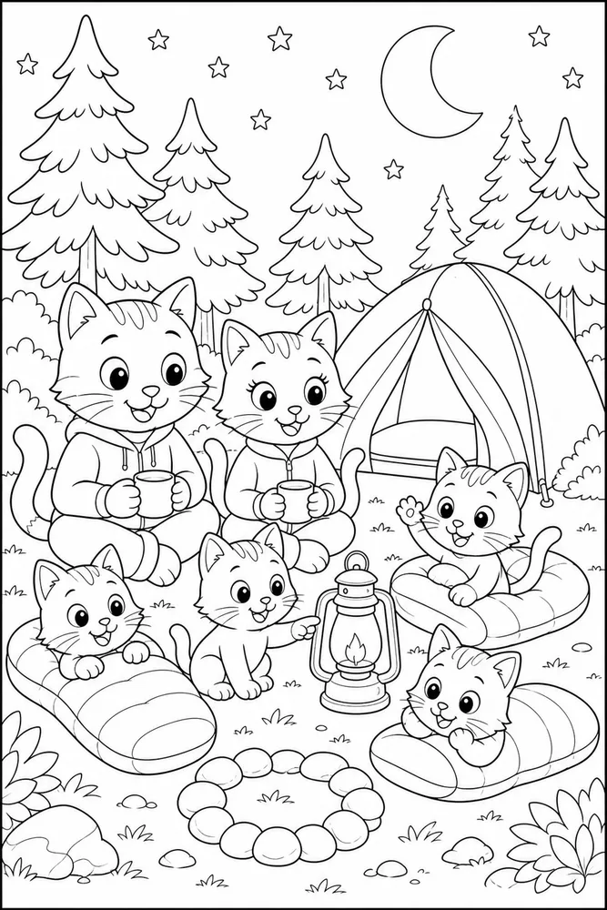 Cat family camping by a tent coloring page