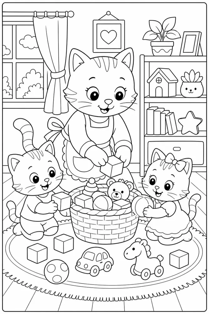 Cat family cleaning up toys coloring page