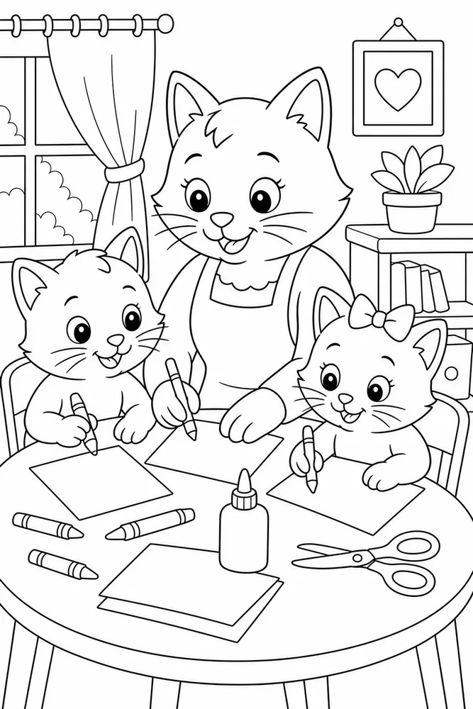 Cat family at a craft table coloring page